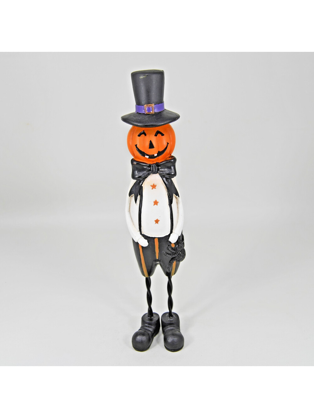 Pumpkin Man Halloween Jack o’Lantern Spider Figurine Top Hat Wire Legs Resin 9"